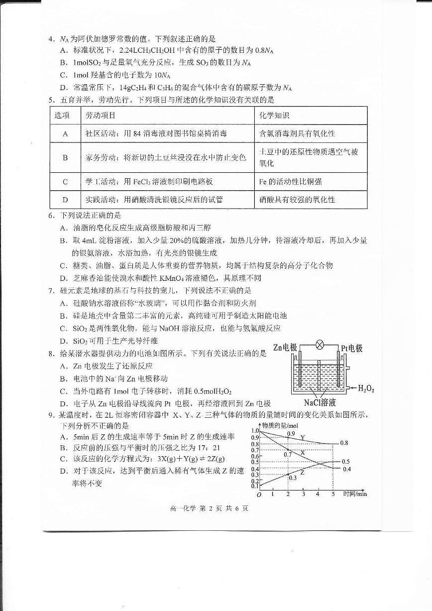 江西省上饶市2024-2025学年高一下学期期末测试化学试卷第2页