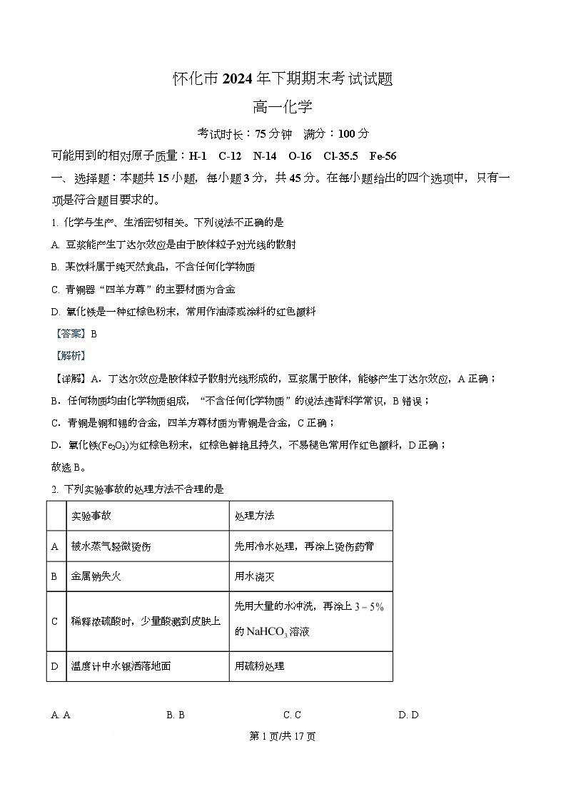 湖南省怀化市2024-2025学年高一下学期期末考试 化学试题 Word版含解析第1页