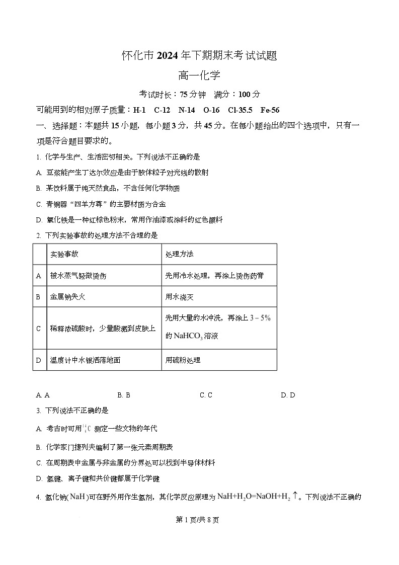 湖南省怀化市2024-2025学年高一下学期期末考试 化学试题（原卷版）第1页