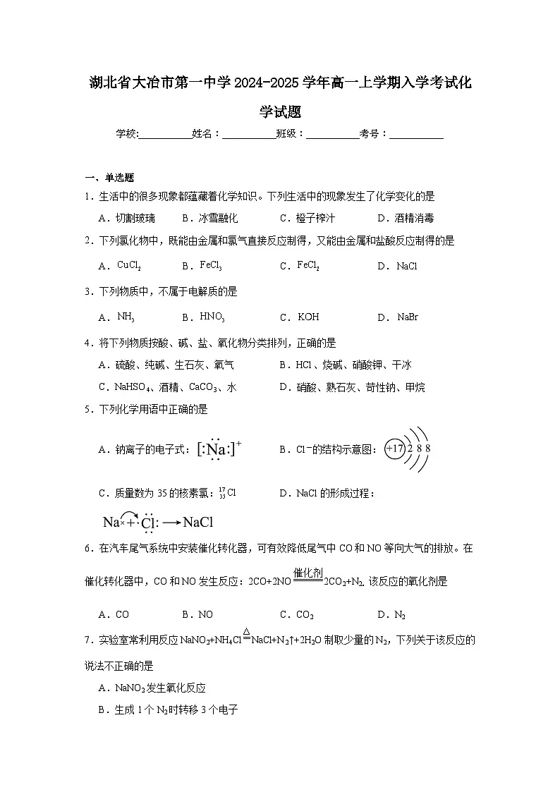 湖北省大冶市第一中学2024-2025学年高一上学期入学考试化学试题（含答案）第1页