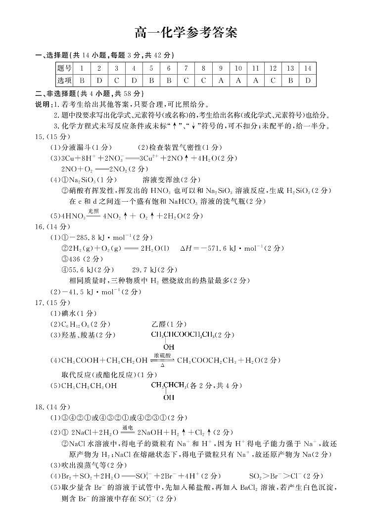 高一化学答案第1页