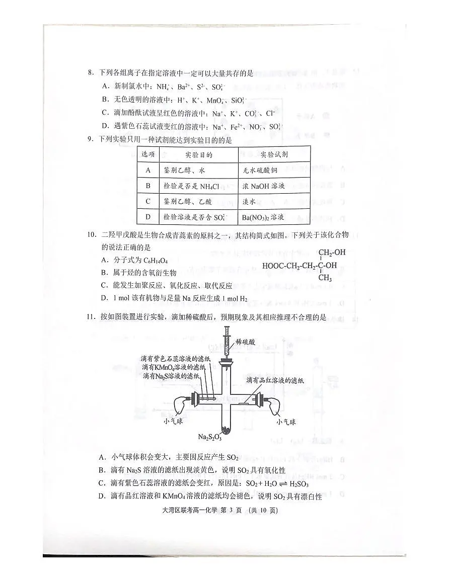 广东省大湾区2024-2025学年高一下学期期末统一测试+化学试卷第3页