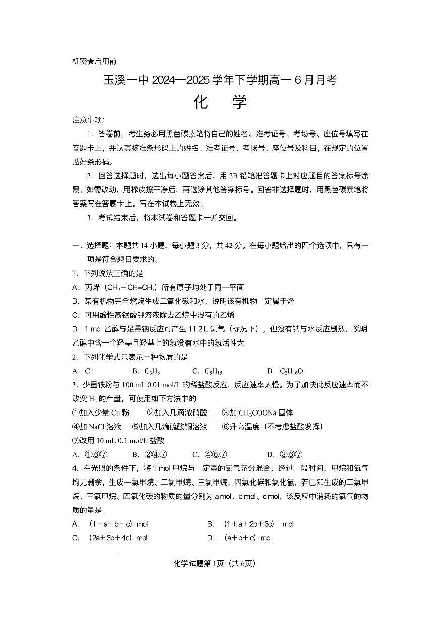 云南省玉溪第一中学2024-2025学年高一下学期6月月考-化学试题含答案解析第1页