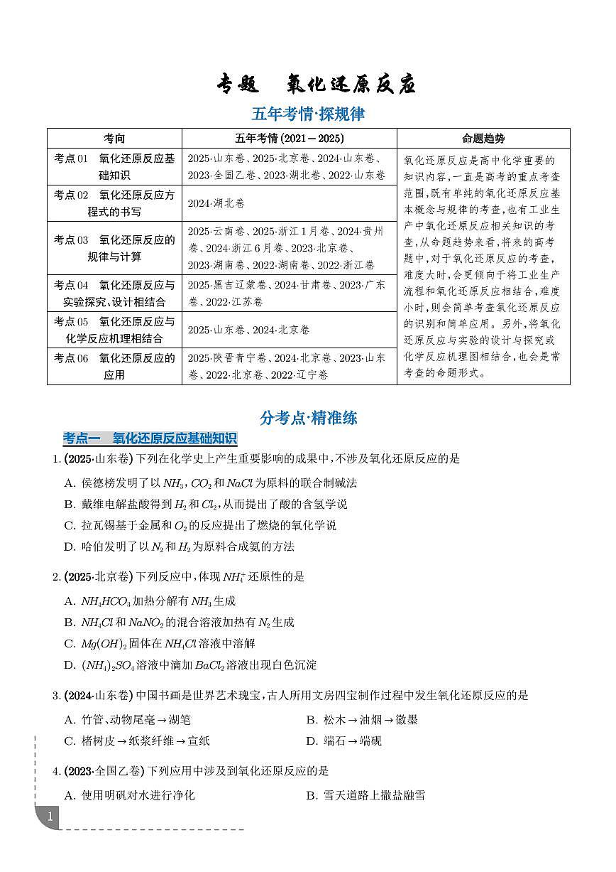 专题 氧化还原反应（学生版）第1页
