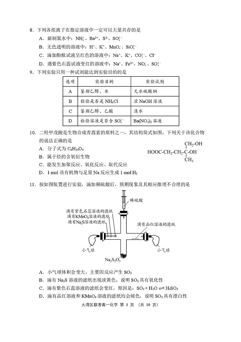 广东省大湾区2024-2025学年高一年级下学期期末统一测试化学试卷第3页