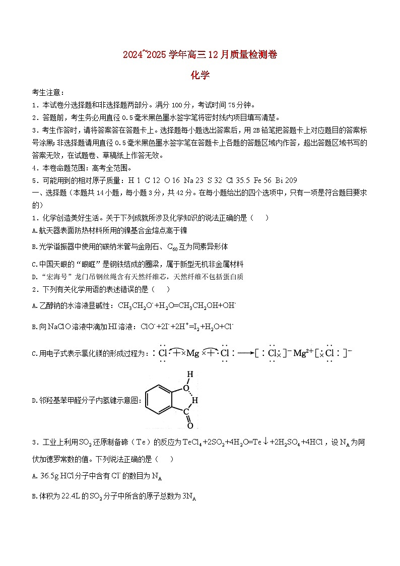 山西省2024_2025学年高三化学上学期12月质量检测卷第1页