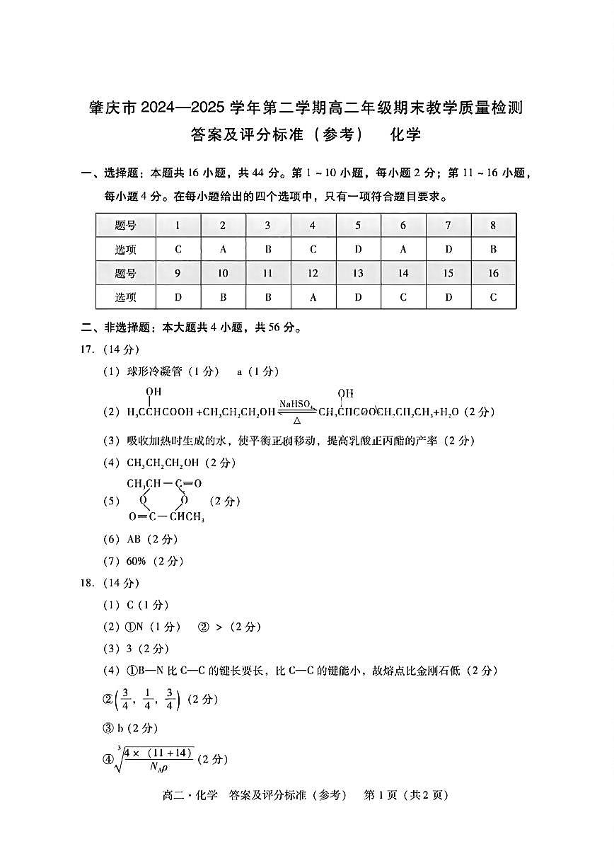 扫描件_答案及评分标准(参考)化学第1页