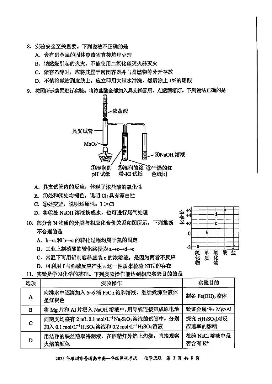 2025年深圳市普通高中高一年级调研考试 化学.pdf第3页
