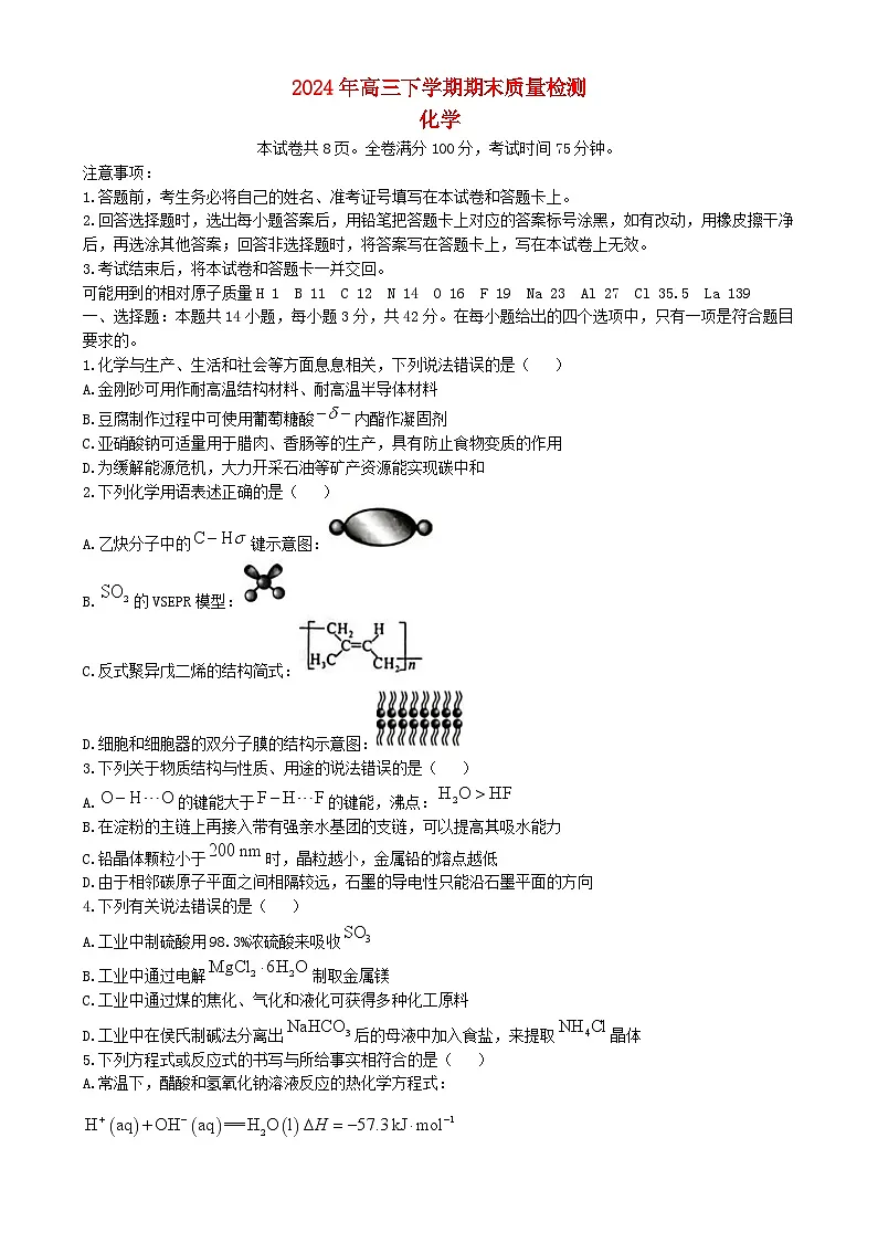 湖南省衡阳市2024_2025学年高三化学上学期1月期末考试试卷第1页