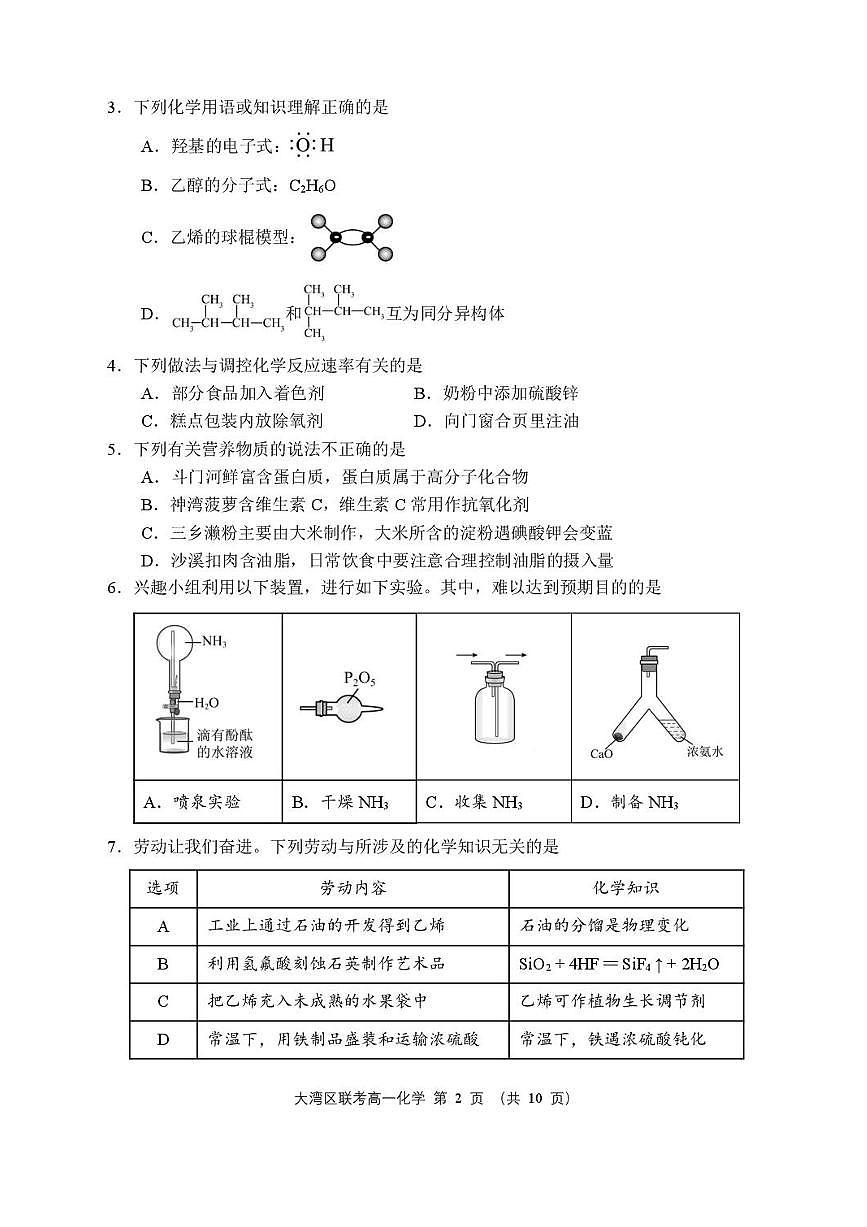 广东省大湾区2024-2025学年高一下学期期末统一测试-化学试卷第2页