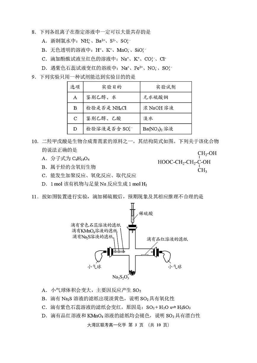 广东省大湾区2024-2025学年高一下学期期末统一测试-化学试卷第3页