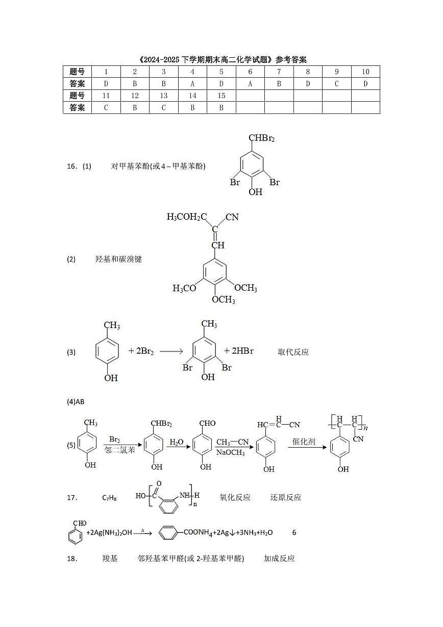2024-2025学年度第二学期期末考试化学答案第1页