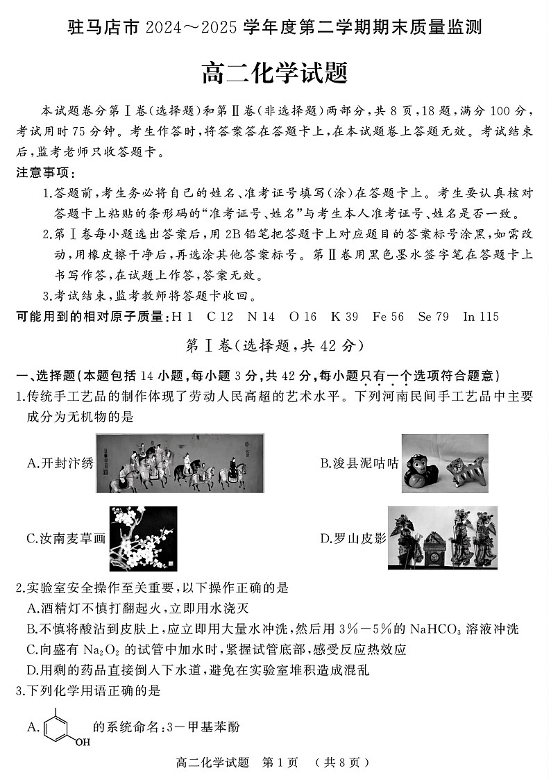 河南省驻马店市2024-2025学年高二下学期期末质量监测化学试卷第1页