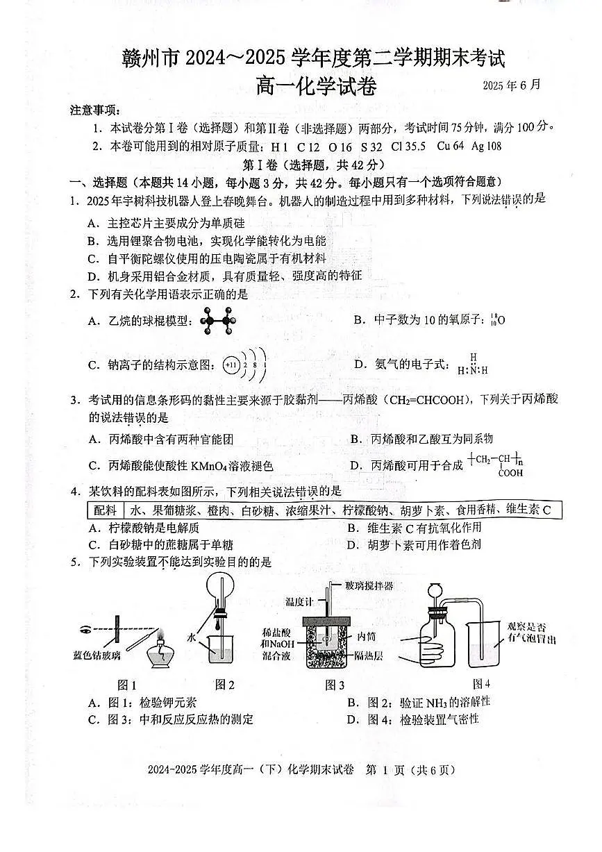 化学-江西省赣州市2024-2025学年高一下学期6月期末考试试题和答案第1页