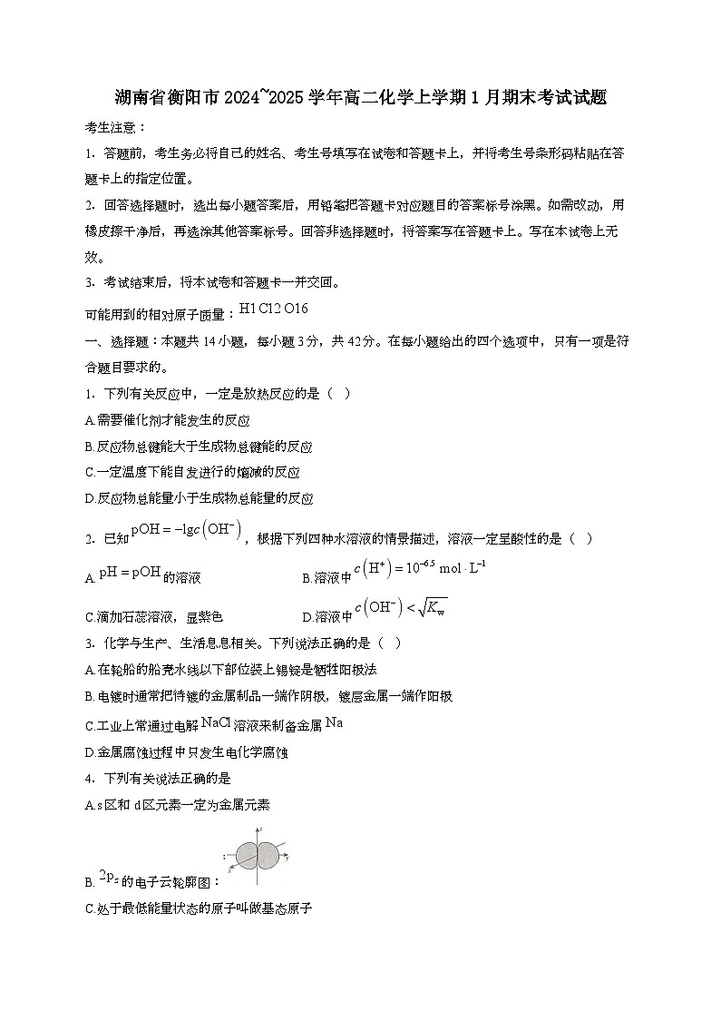 湖南省衡阳市2024_2025学年_高二化学上学期1月期末考试试题[有解析]第1页