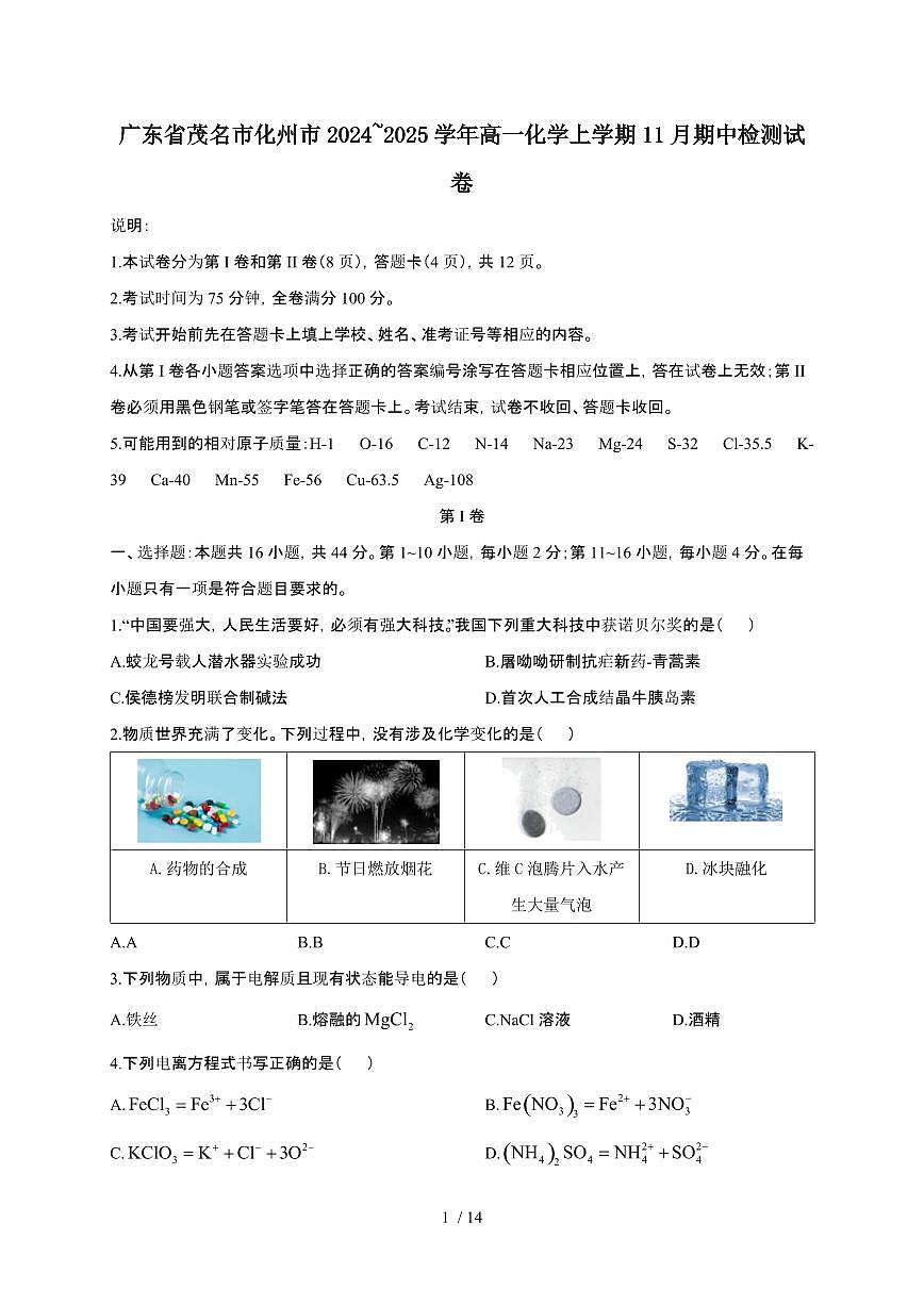 广东省茂名市化州市2024~2025学年高一化学上学期11月期中检测试卷（附解析）第1页