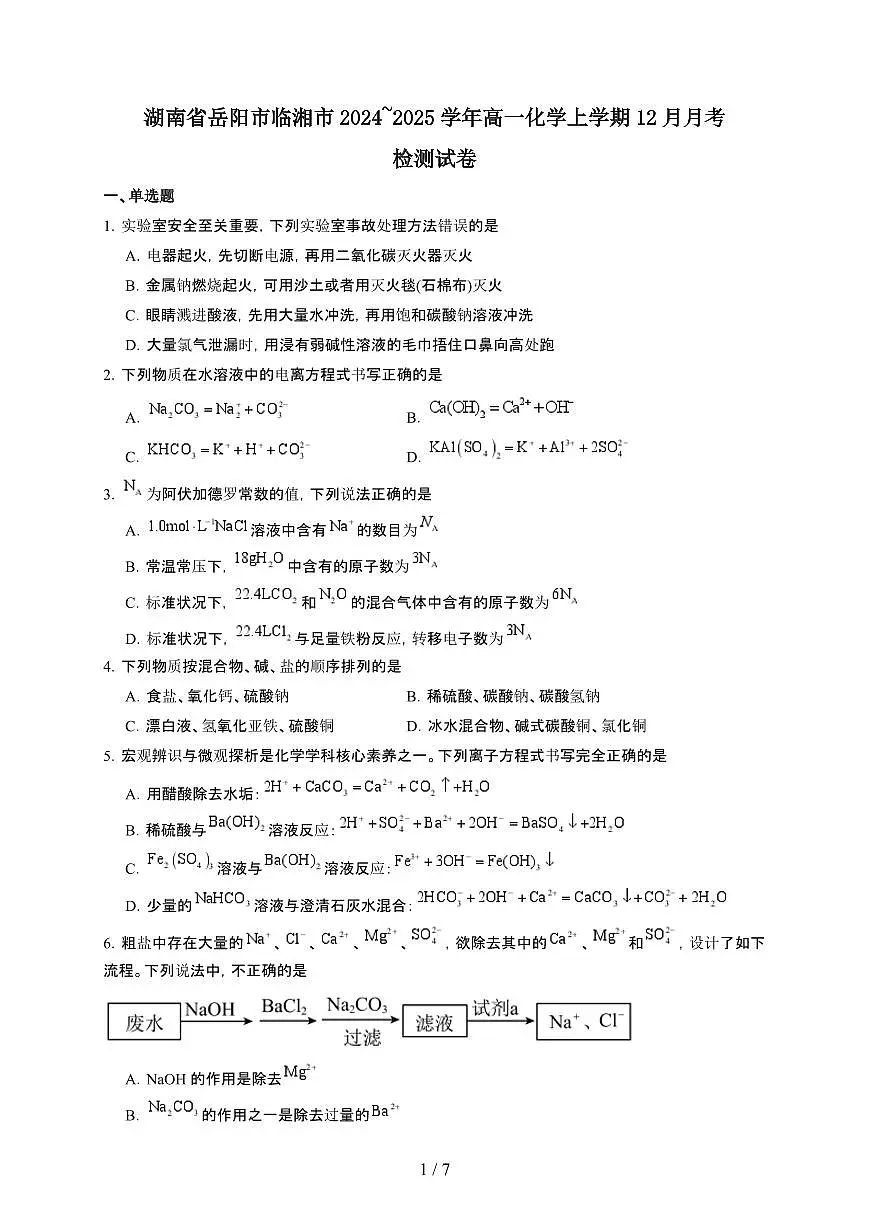 湖南省岳阳市临湘市2024~2025学年高一化学上学期12月月考检测试卷第1页
