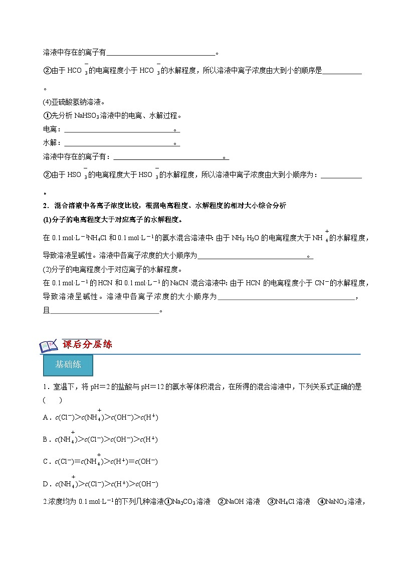 苏教版高中化学选择性必修第一册3.3.3《溶液中离子浓度大小的比较》知识清单（原卷）第3页