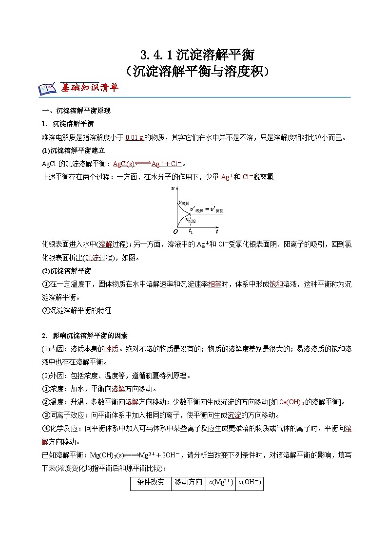 苏教版高中化学选择性必修第一册3.4.1《沉淀溶解平衡与溶度积》知识清单（解析卷）第1页