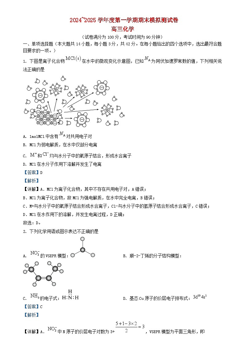 北京市2024_2025学年高三化学上学期期末模拟测试试题含解析第1页