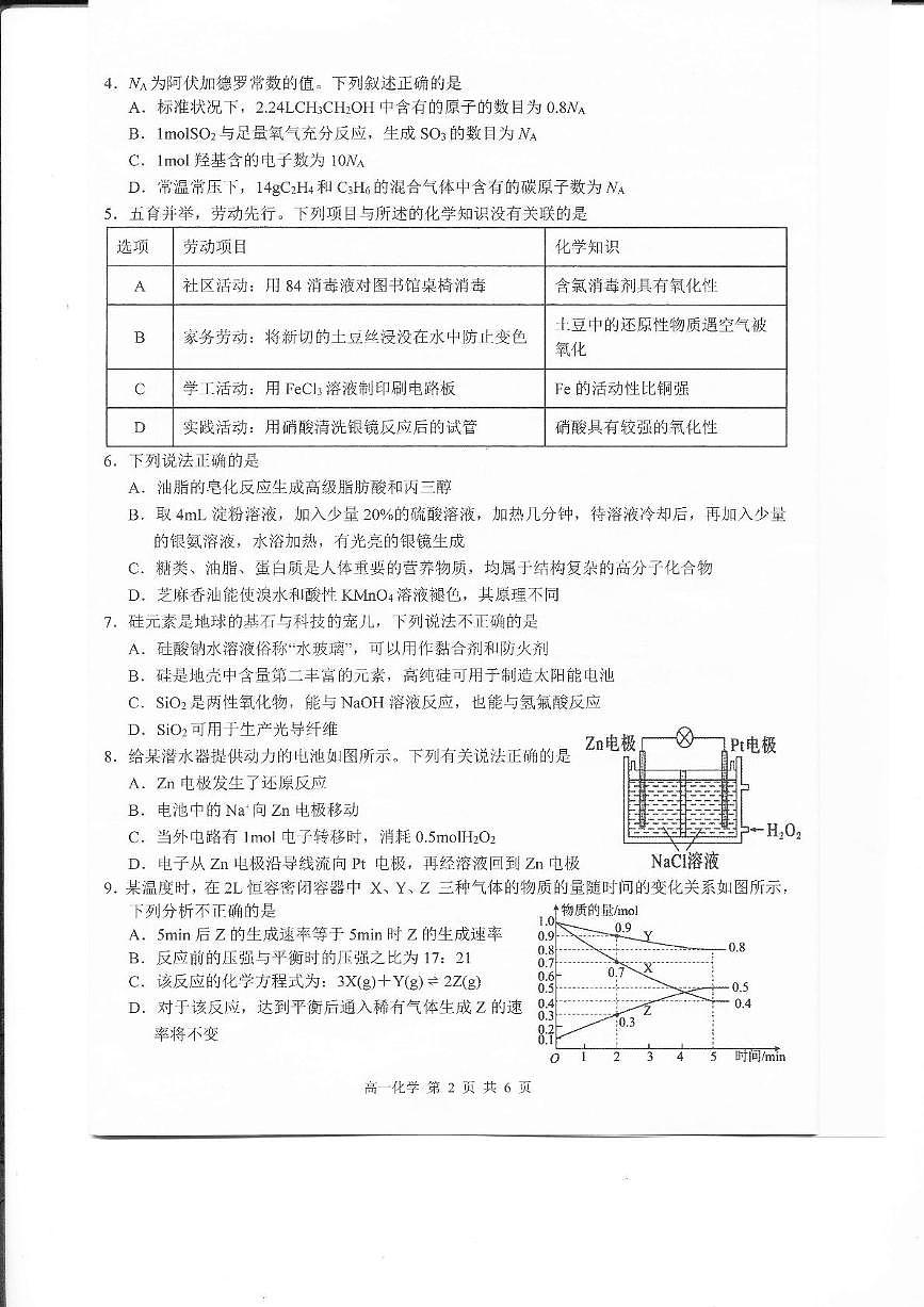 江西省上饶市2024-2025学年高一下学期期末教学质量测试 化学试卷（图片版，无答案）第2页