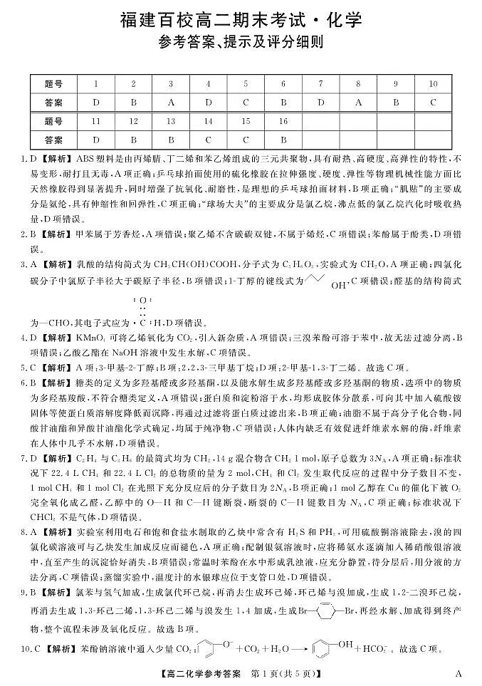 福建省百校2024-2025学年高二下学期期末考试 化学答案.pdf第1页