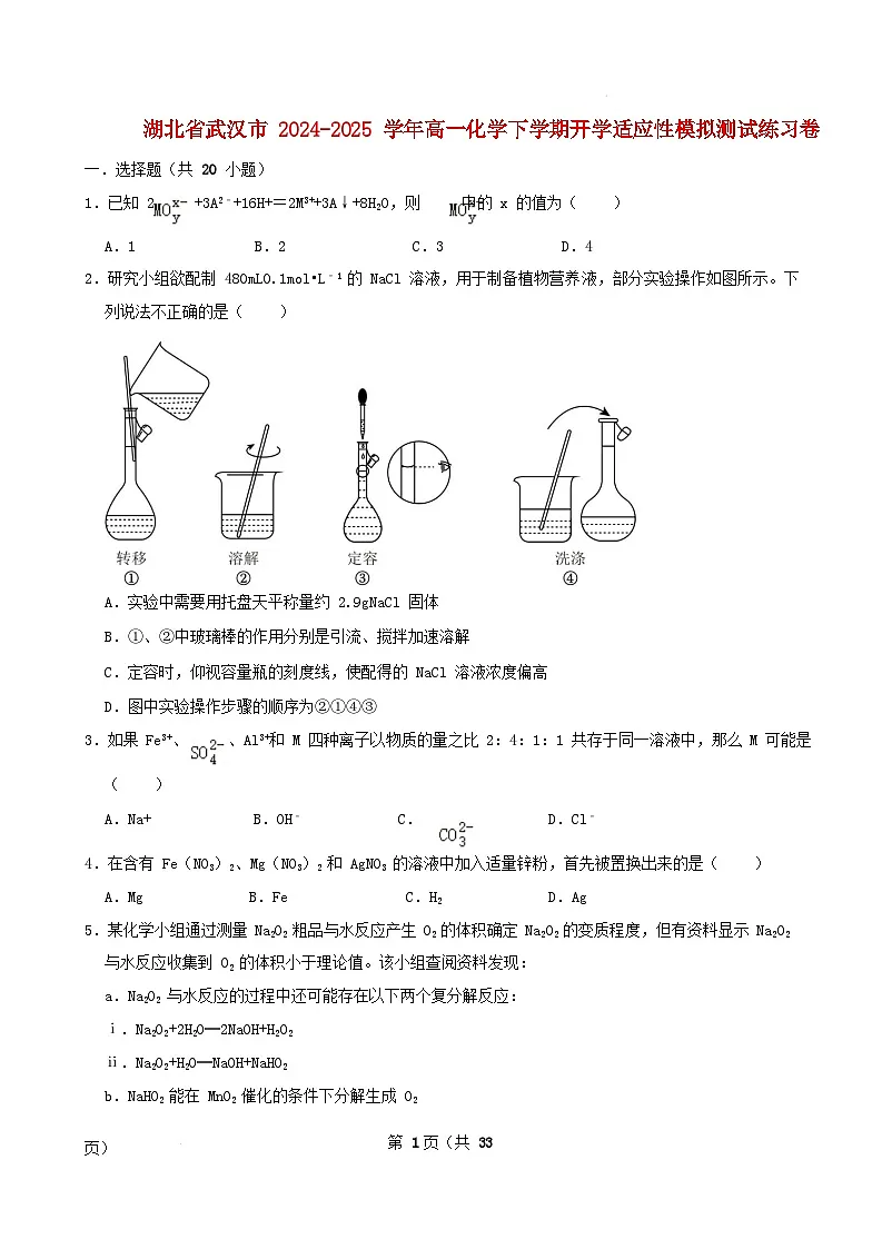湖北省武汉市2024_2025学年高一化学下学期开学适应性模拟测试练习卷含解析第1页