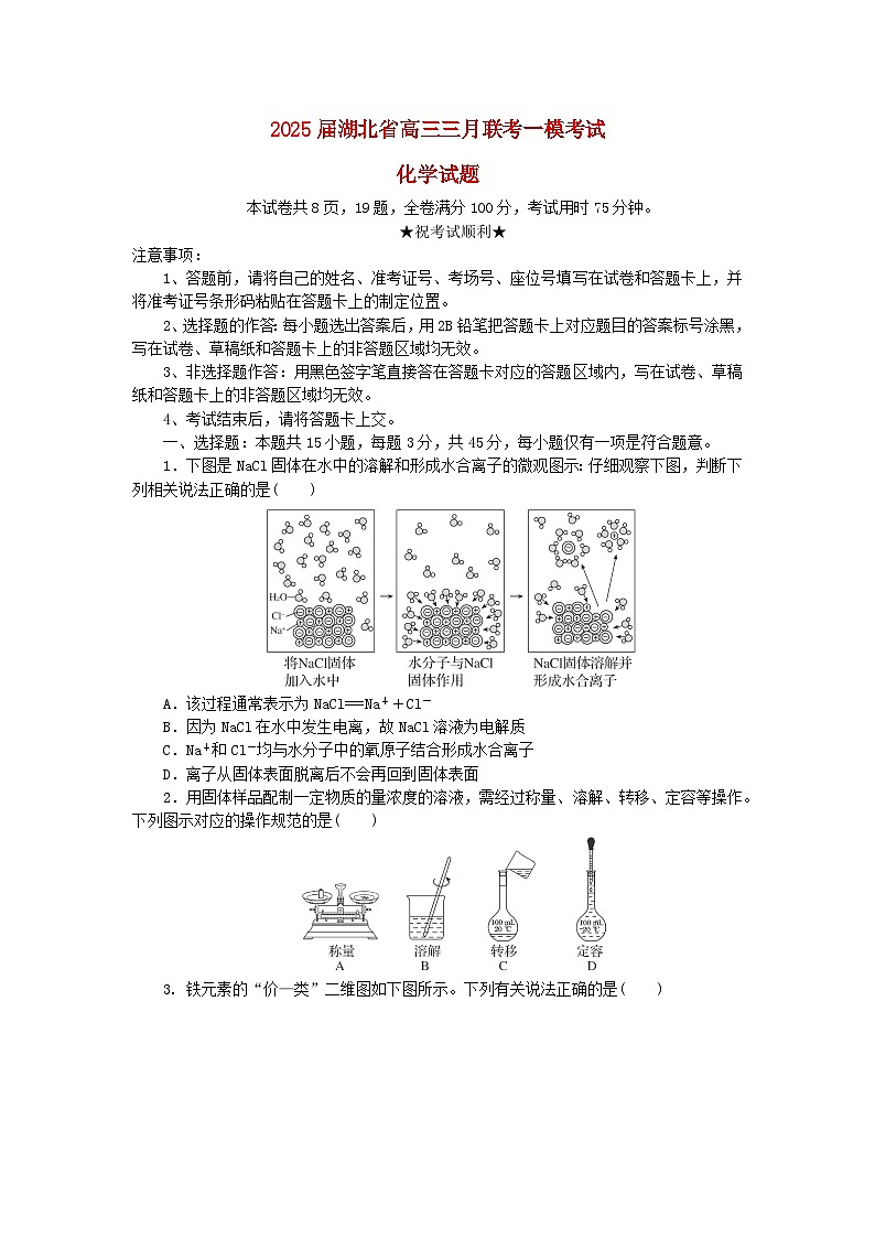 湖北省2025届高三化学下学期3月一模联考试题含解析第1页