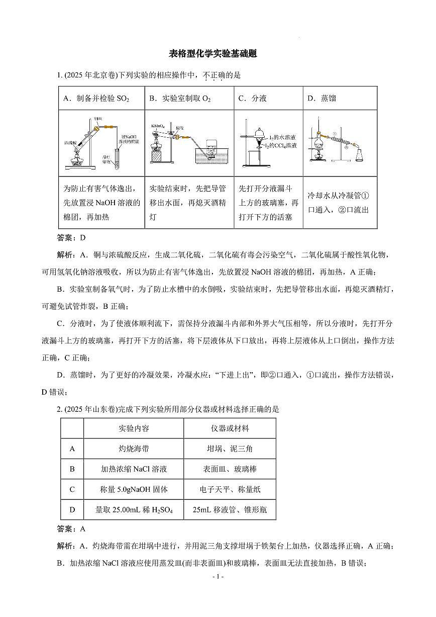 2026届高考化学：表格型化学实验基础题(解析版)第1页