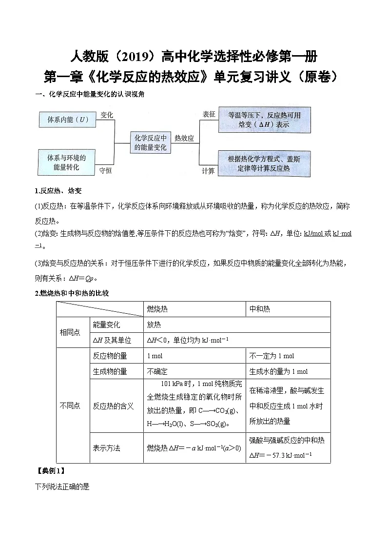 人教版（2019）高中化学选择性必修第一册 第一章《化学反应的热效应》单元复习讲义（原卷）第1页