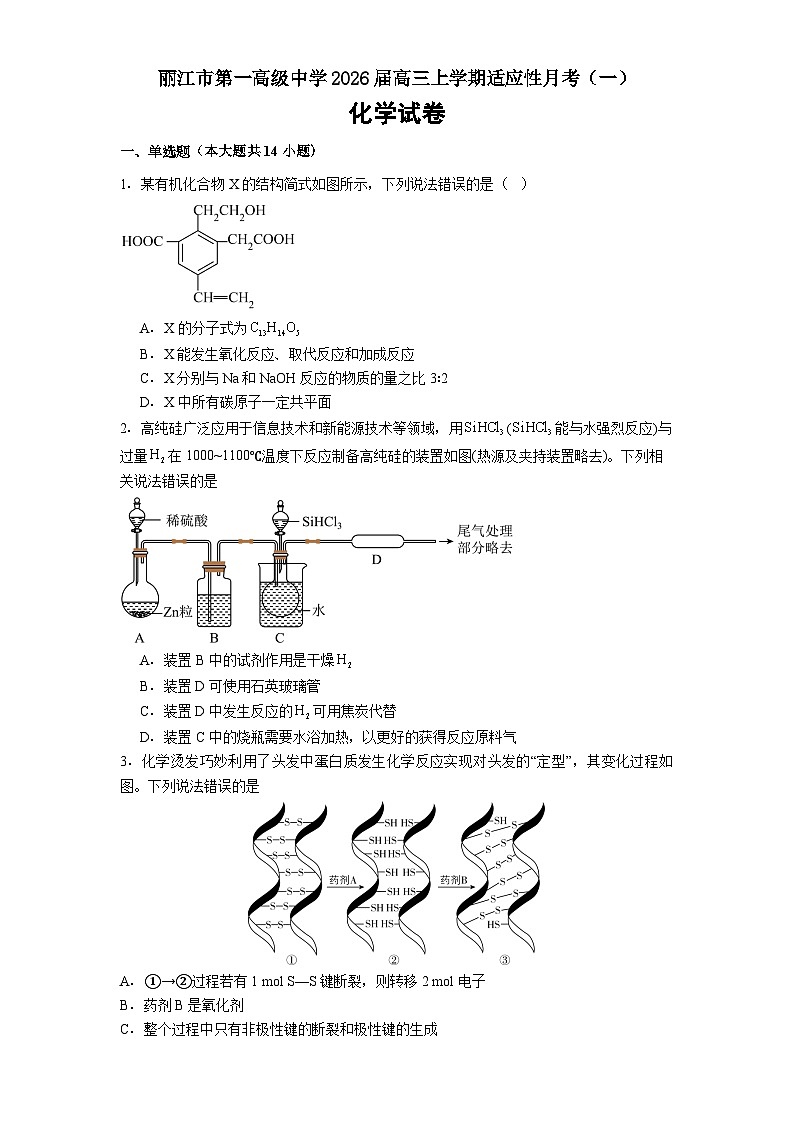云南省丽江市第一高级中学2026届高三上学期适应性月考（一）化学试卷（Word版附解析）第1页