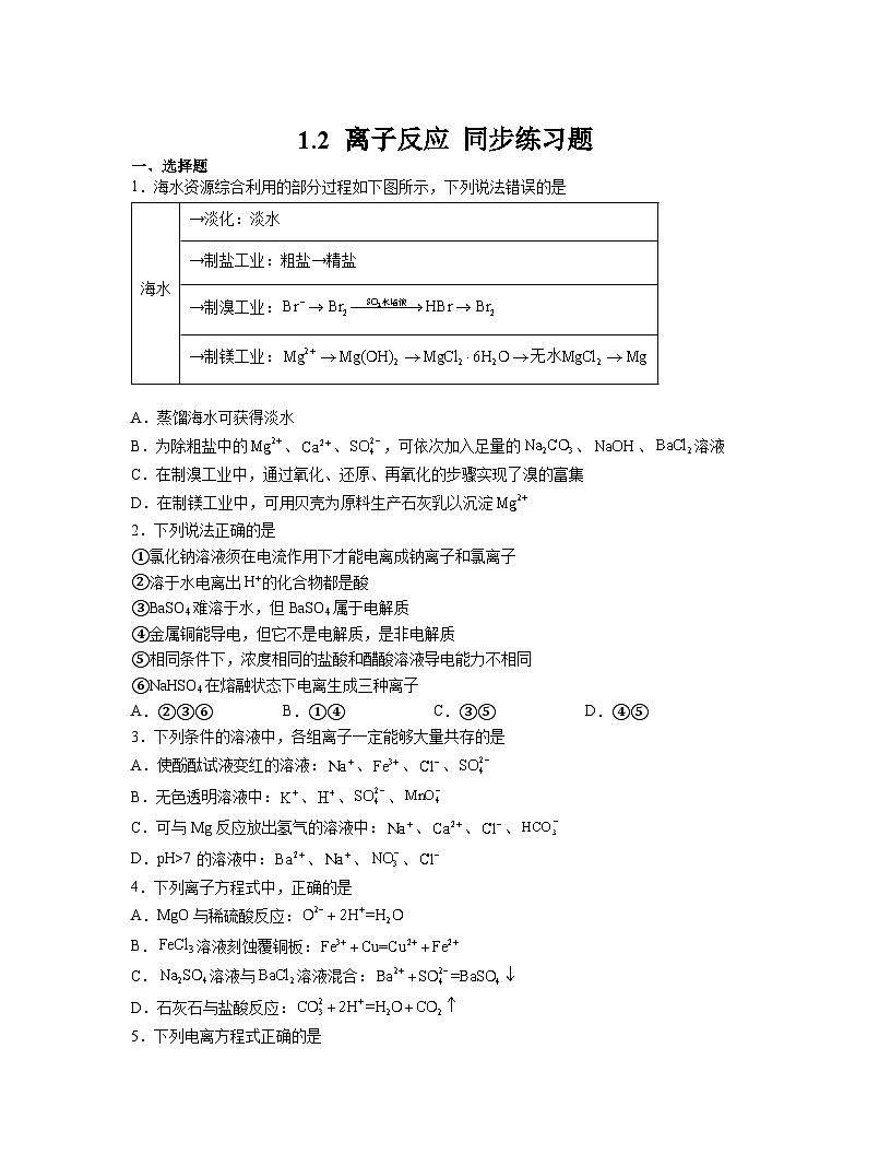 1.2 离子反应 同步练习 高中人教版（2019）化学必修第一册第1页