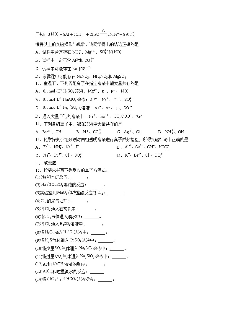 1.2 离子反应 同步练习 高中人教版（2019）化学必修第一册第3页