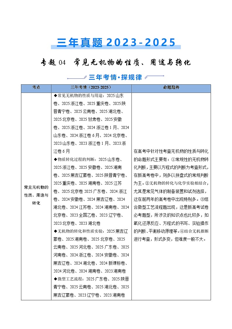 三年（2023-2025）高考化学真题分类汇编：专题04 常见无机物的性质、用途与转化（原卷版）第1页