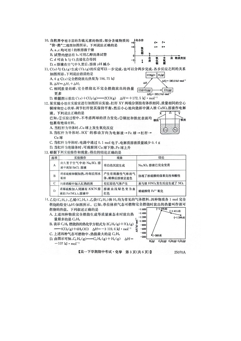 山西省部分重点中学2024-2025学年高一下学期期中考试化学（图片版）化学试卷第3页