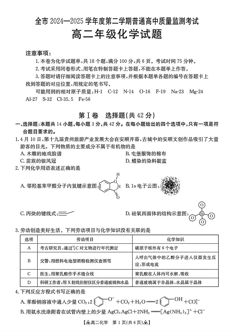 贵州省安顺市2024-2025学年高二下学期期末考试 化学试卷第1页
