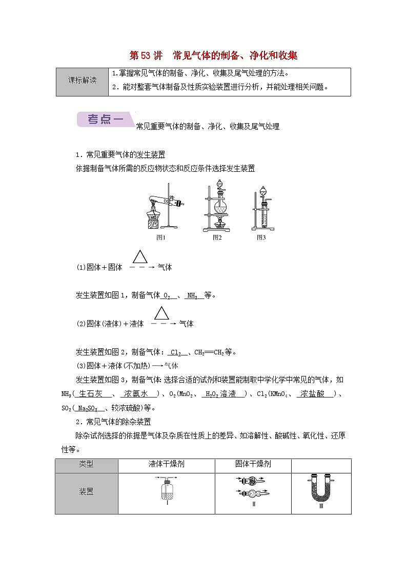 2026版高考化学一轮总复习知识梳理第九章第53讲常见气体的制备净化和收集考点一试卷第1页