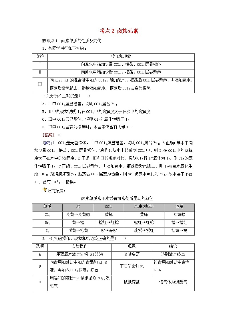 2026版高考化学一轮总复习考点突破练习第四章非金属及其化合物第一十六讲氯气的实验室制法卤族元素考点二卤族元素第1页