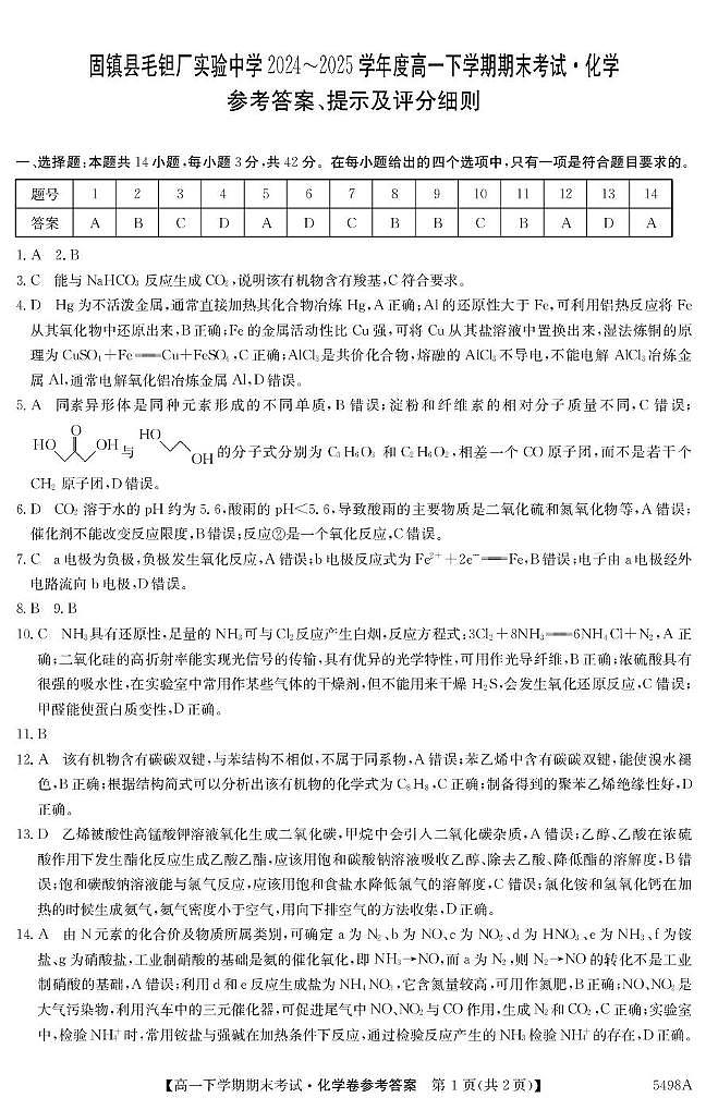 安徽省蚌埠市固镇县固镇县毛钽厂实验中学2024-2025学年高一下学期7月期末化学试卷参考答案第1页