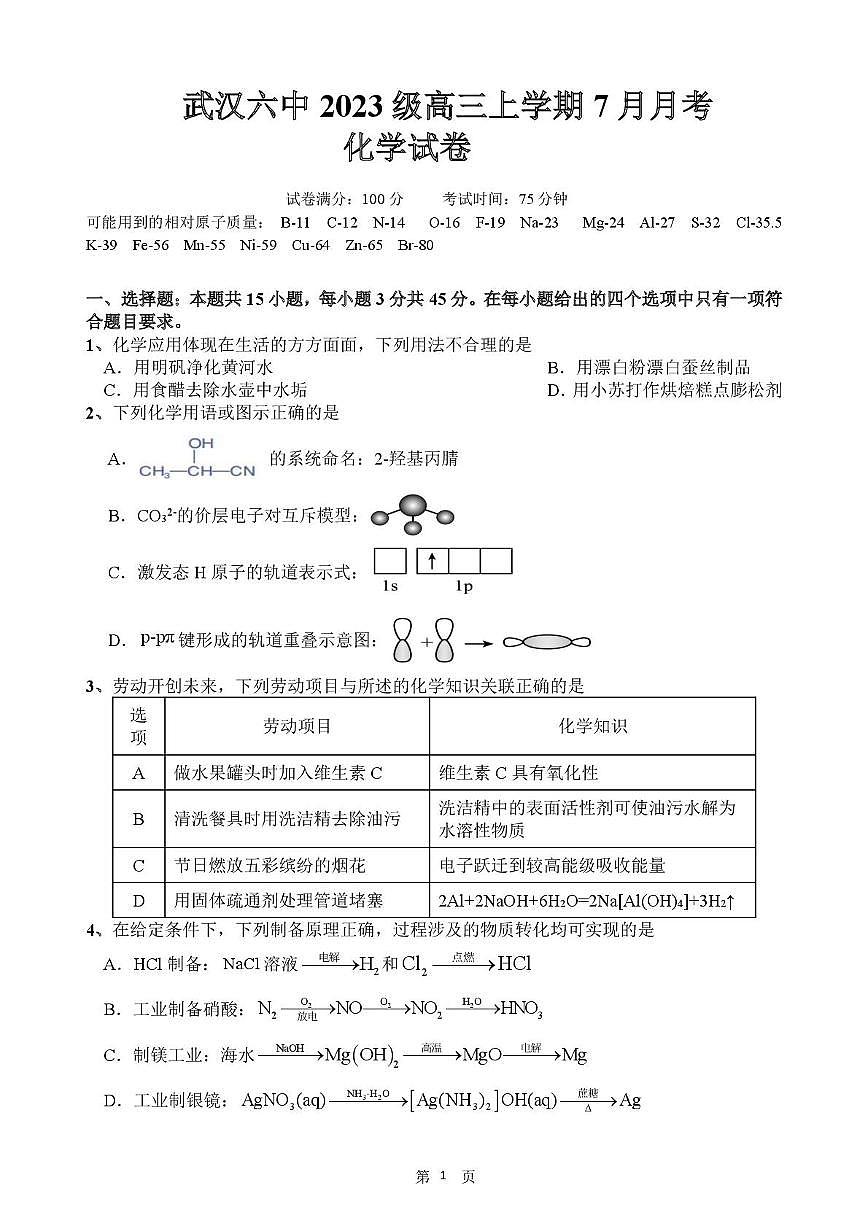 湖北省武汉市第六中学2025-2026学年高三上学期7月月考化学试卷（PDF版附答案）第1页