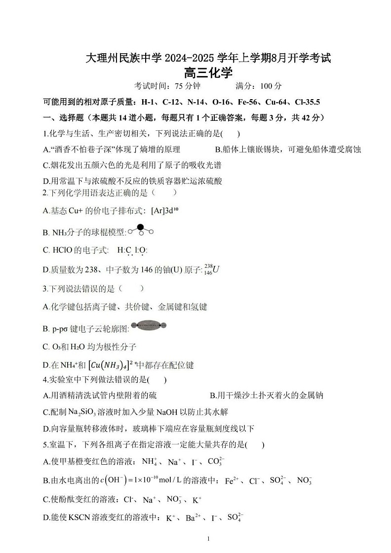 2025届云南省大理民族中学高三上学期开学考-化学试题（含答案）第1页