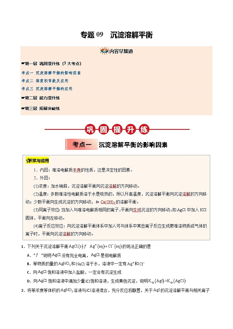 【暑假培优练】专题09 沉淀溶解平衡 (学生版)-2025年高二化学暑假衔接讲练 (人教版)第1页