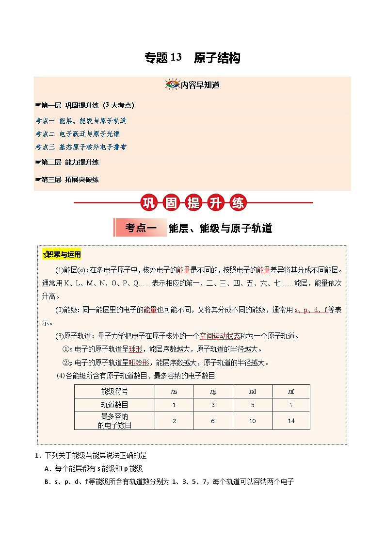 【暑假培优练】专题13 原子结构 (学生版)-2025年高二化学暑假衔接讲练 (人教版)第1页