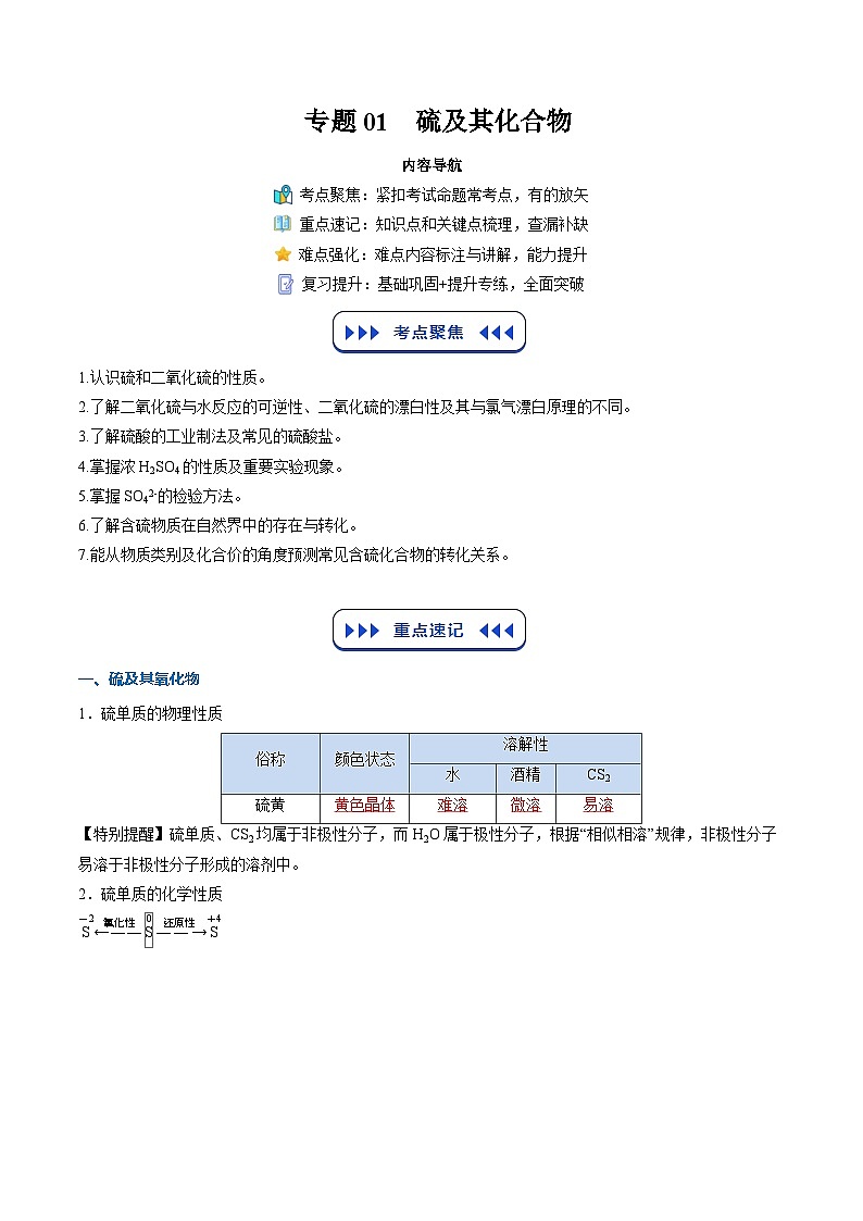 【暑假复习】专题01  硫及其化合物（教师版）-2025年新高二化学暑假衔接讲练 (人教版)第1页
