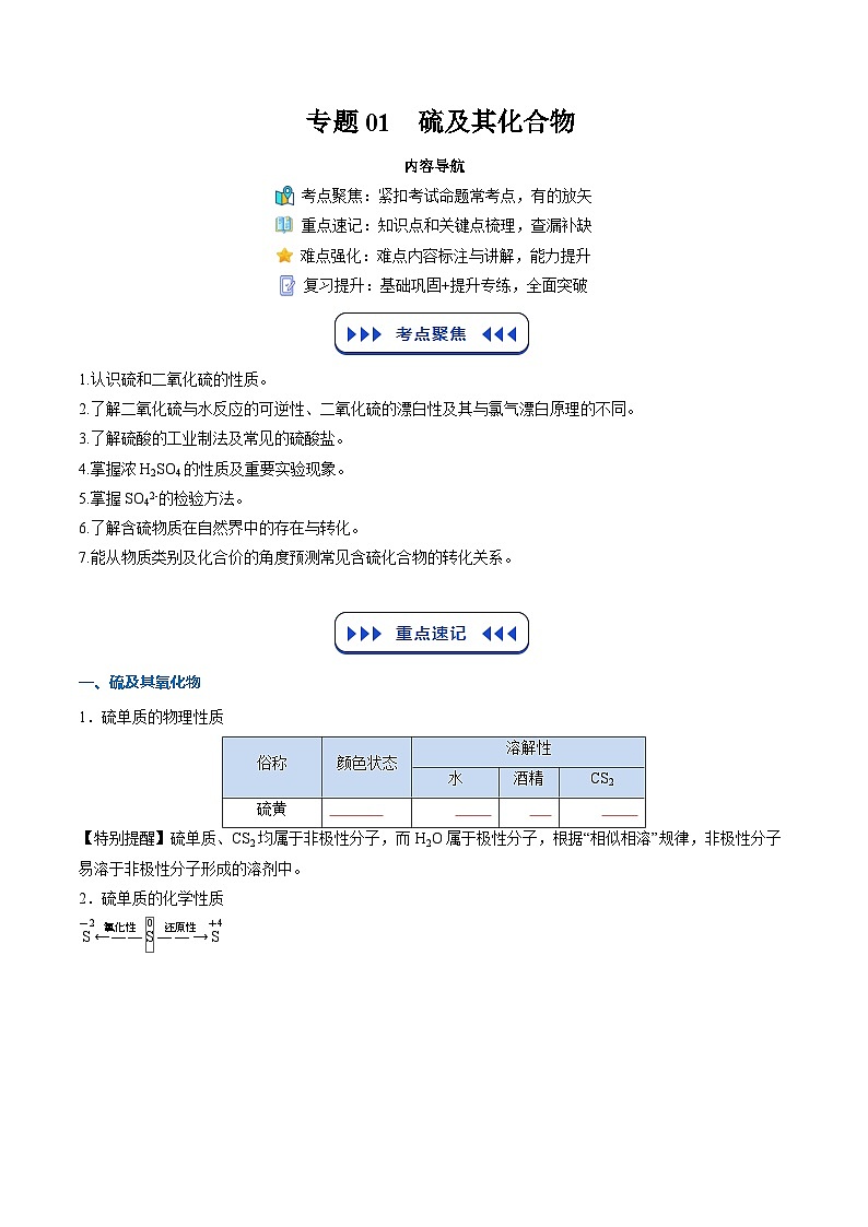 【暑假复习】专题01  硫及其化合物（学生版）-2025年新高二化学暑假衔接讲练 (人教版)第1页