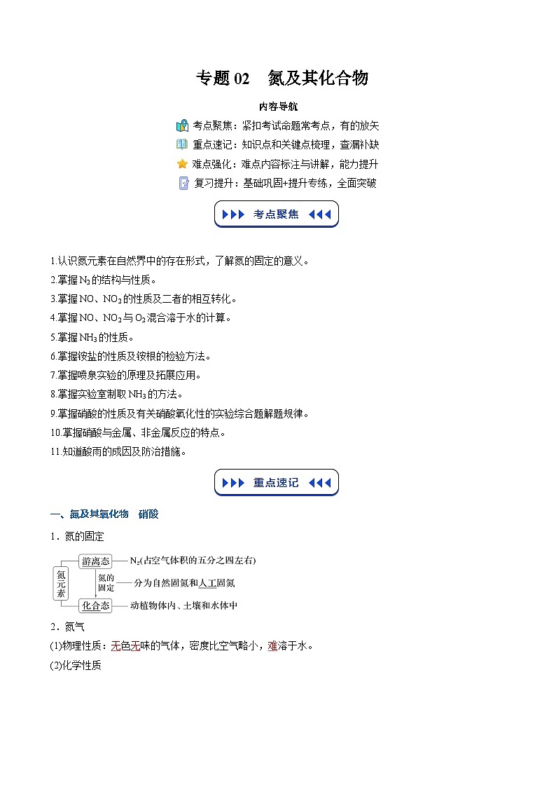 【暑假复习】专题02  氮及其化合物（教师版）-2025年新高二化学暑假衔接讲练 (人教版)第1页