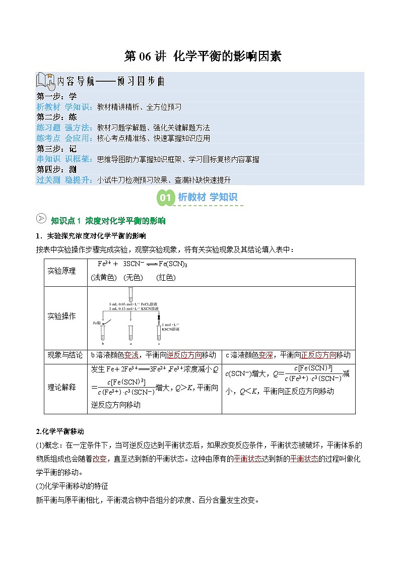 【暑假预习】第06讲 化学平衡的影响因素（教师版）-2025年新高二化学暑假衔接讲练 (人教版)第1页