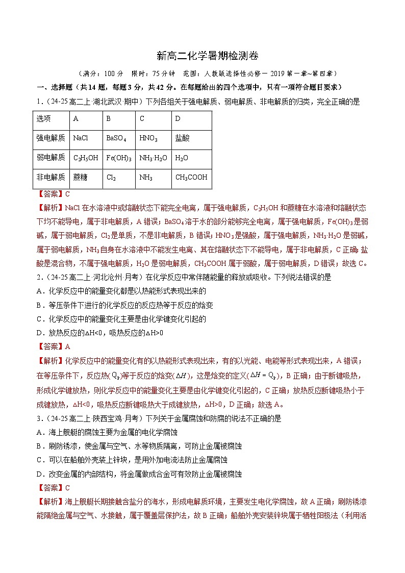 新高二化学暑期检测卷（教师版）-2025年新高二化学暑假衔接讲练 (人教版)第1页