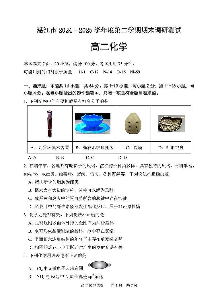 广东湛江2024-2025学年高二下学期期末调研考试化学试题第1页