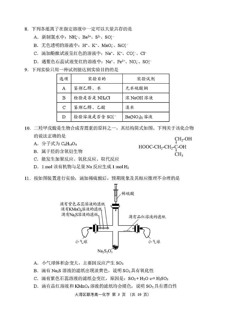 广东省大湾区2024-2025学年高一下学期期末化学试卷第3页